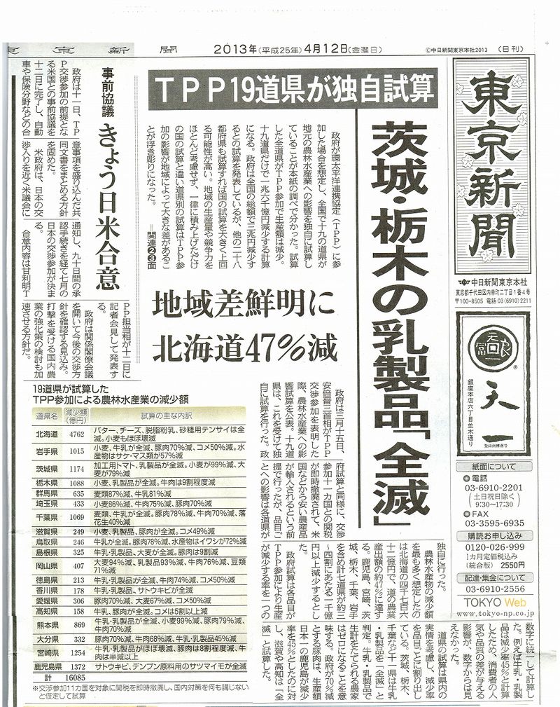 東京新聞２０１３０４１２ＴＰＰ試算１面