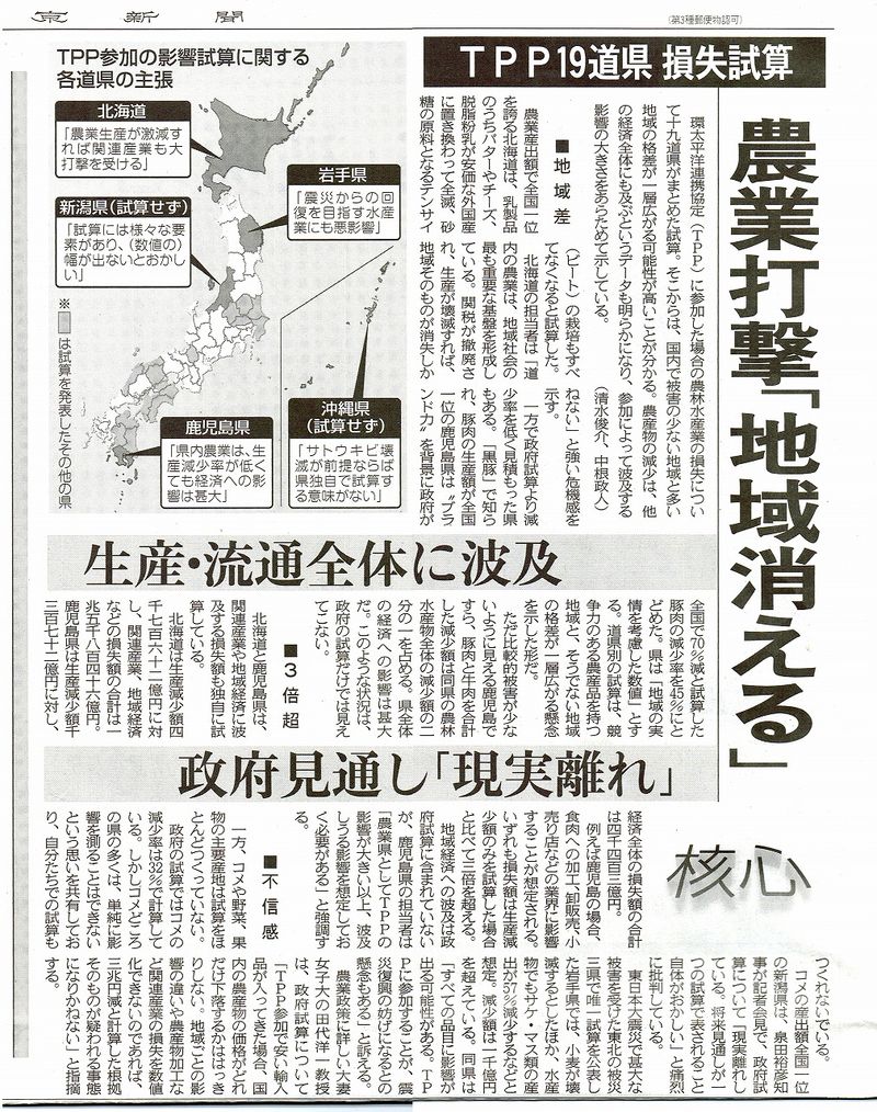 東京新聞２０１３０４１２ＴＰＰ試算3面